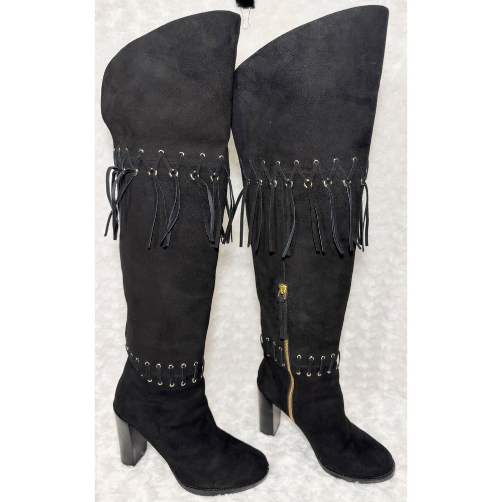 Rebecca Minkoff Womens 7.5M Black Suede Fringe Over The Knee Block Heel Boots